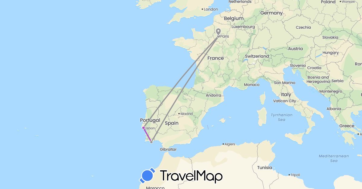 TravelMap itinerary: driving, plane, train in France, Portugal (Europe)